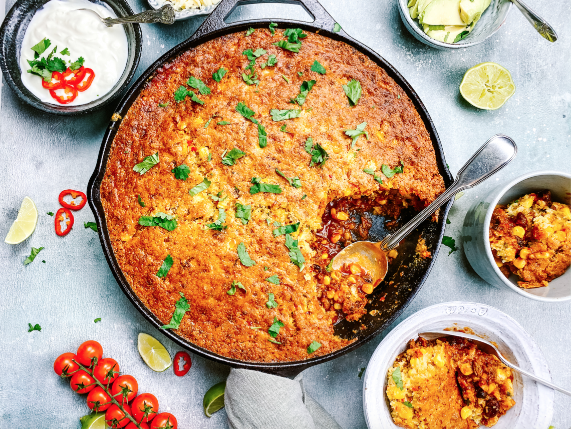 Photograph of Chilli Topped with Cornbread, Red Onion, Red Pepper, Red Chilli and Garlic