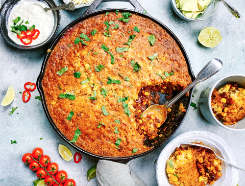 Photograph of Chilli Topped with Cornbread, Red Onion, Red Pepper, Red Chilli and Garlic