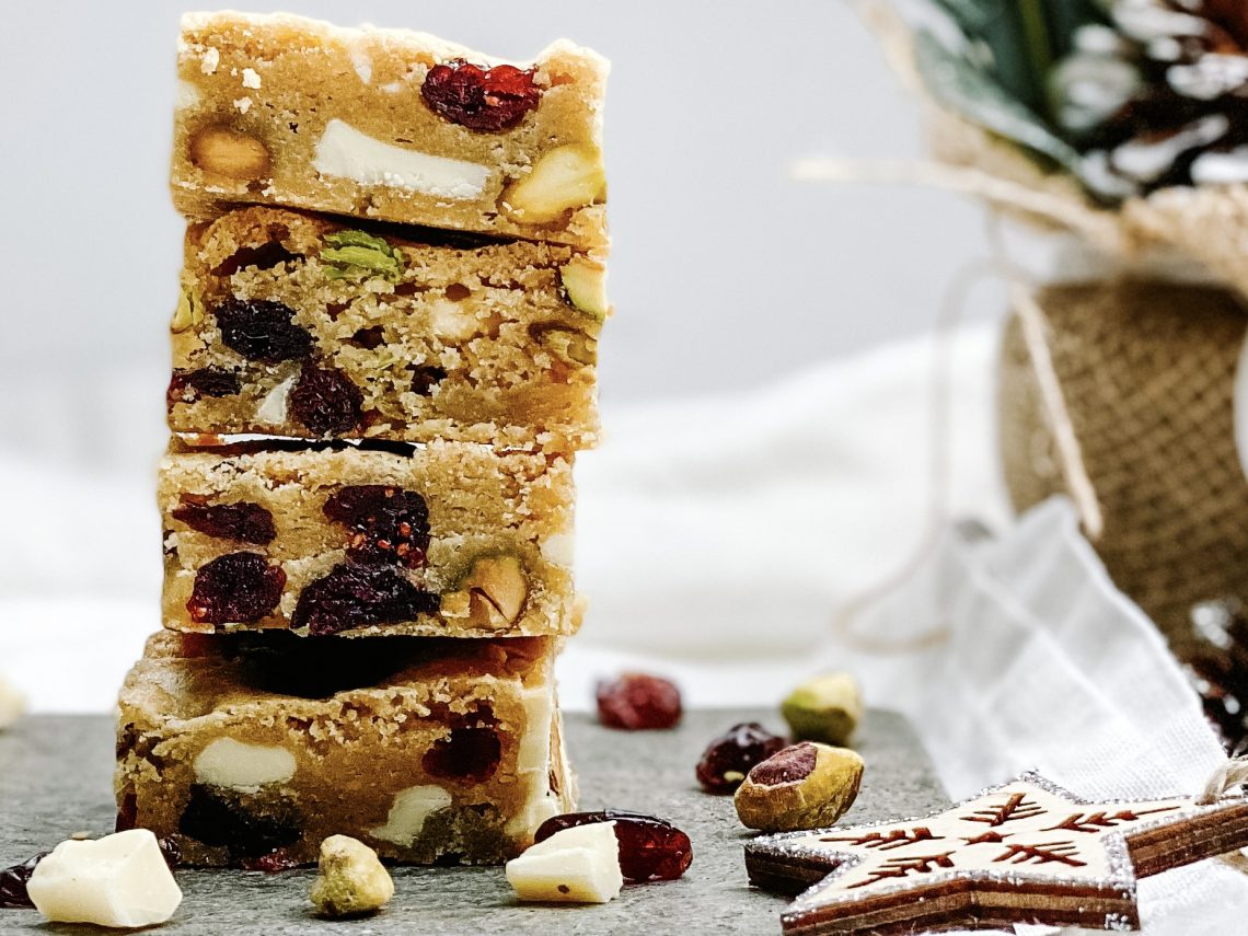 Photograph of White Chocolate Chip and Pistachio, Cranberry Cookie Bars