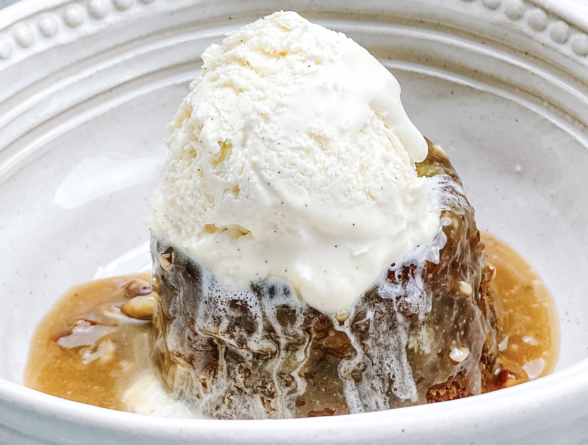 Banana Sticky Toffee Pudding with Salted Caramel and Roast Pecan Sauce