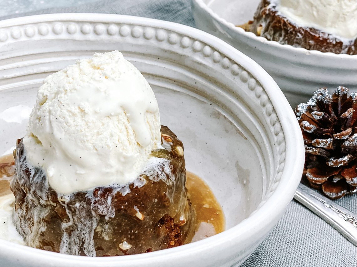 Photograph of Banana Sticky Toffee Pudding with Salted Caramel and Roast Pecan Sauce