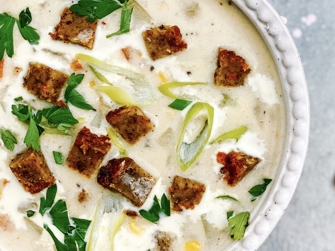 Photograph of Vegetarian Chowder with Nut Loaf and Sweetcorn