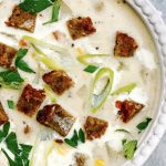 Photograph of Vegetarian Chowder with Nut Loaf and Sweetcorn