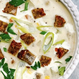 Photograph of Vegetarian Chowder with Nut Loaf and Sweetcorn