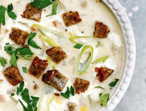 Photograph of Vegetarian Chowder with Nut Loaf and Sweetcorn