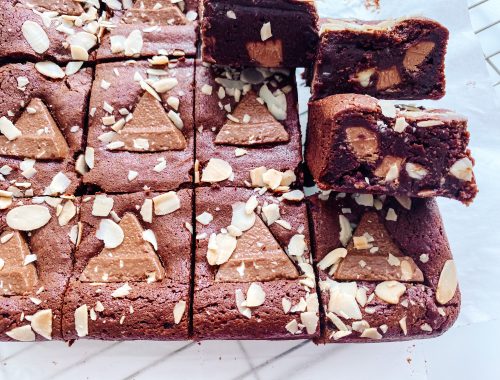 Photograph of Toblerone Brownies with Almonds and Honey (Gluten Free)
