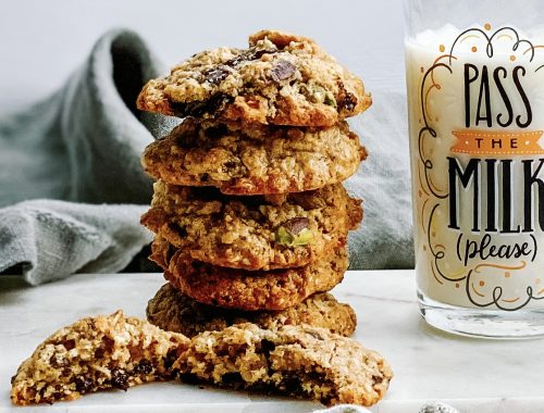 Photograph of Dark Chocolate and Pistachio Cookies with Tahini and Sesame Seeds (Gluten Free)