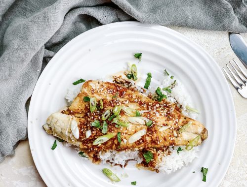 Photograph of Sea Bass with Asian Sauce, Spring Onions and Sesame