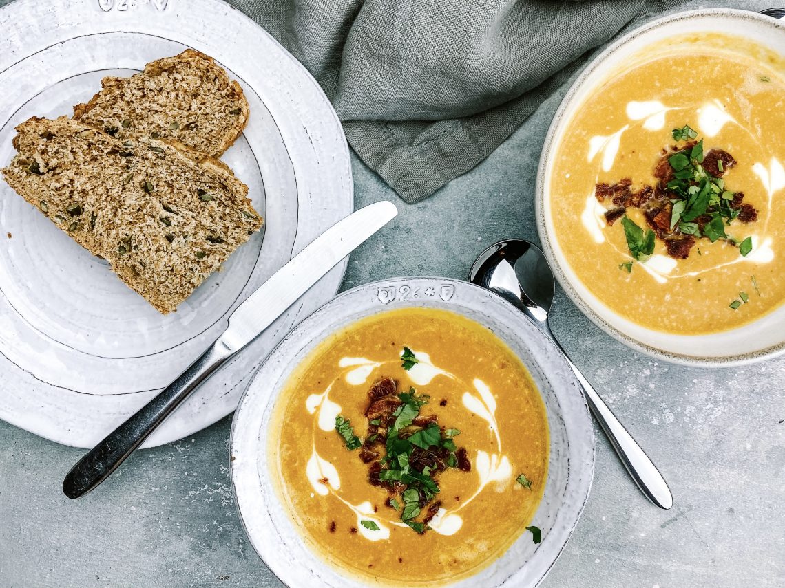 Photograph of Cream of Roast Butternut Squash Soup with Garlic Confit, Ginger and Chilli