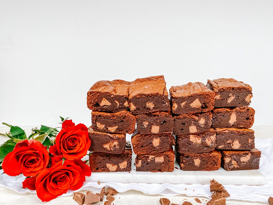 Photograph of Dark Chocolate Brownies with Chunks of Milk Chocolate