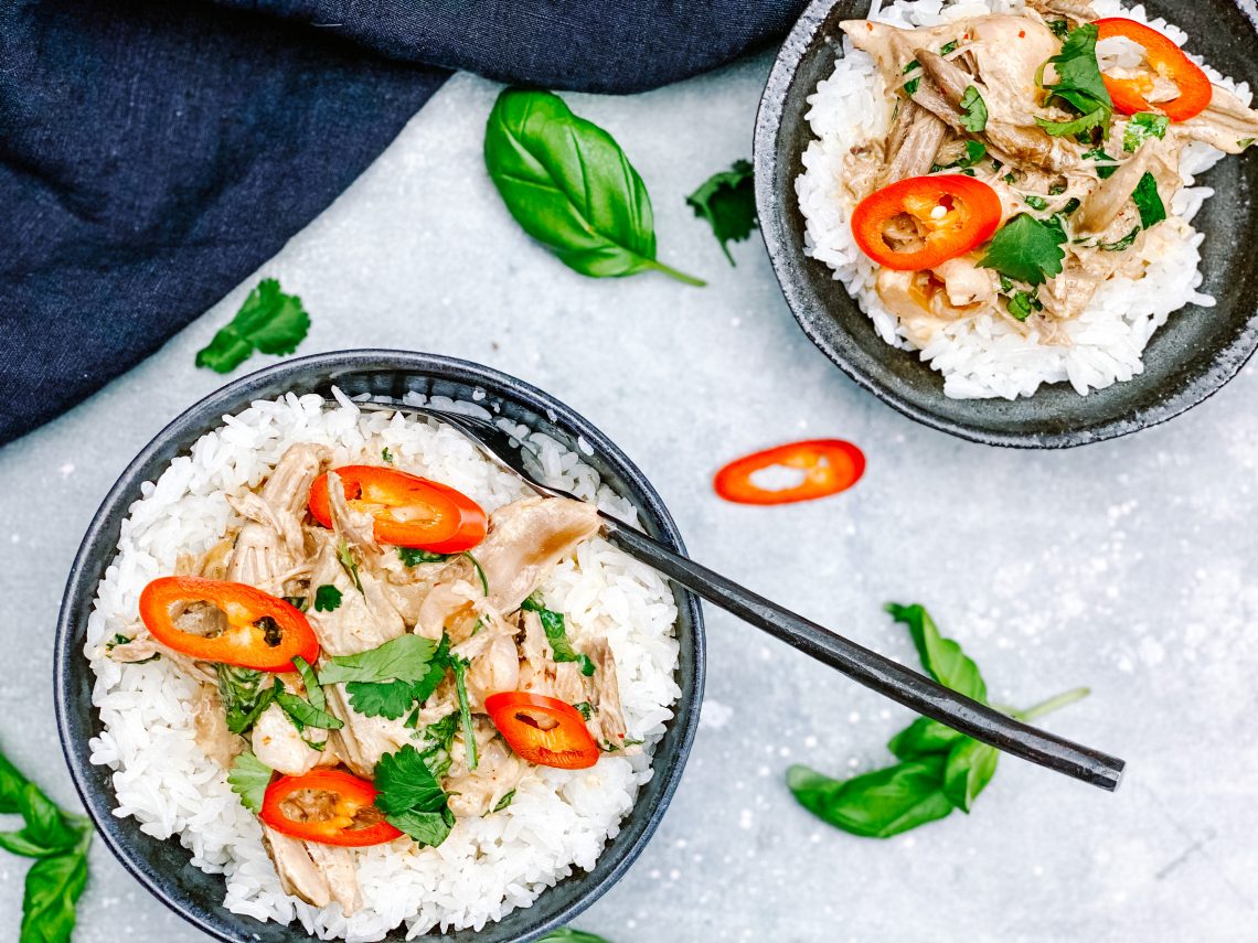 Photograph of Thai Red Curry with Duck, Lychees, Sweet Basil and Coriander Served with Jasmine Rice