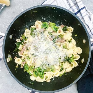 Photograph of Orecchiette with Cime di Rapa, Sausage and a touch of Chilli