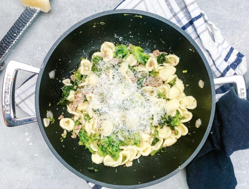 Photograph of Orecchiette with Cime di Rapa, Sausage and a touch of Chilli