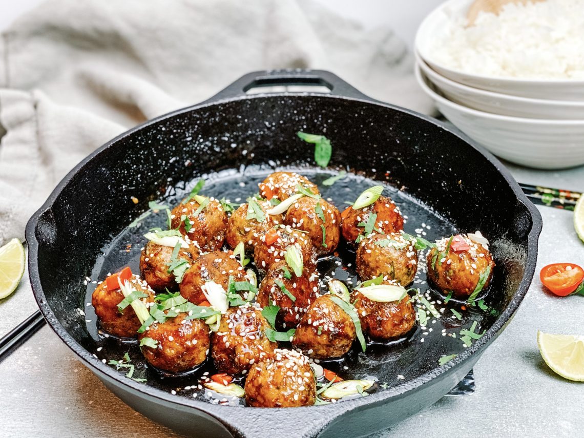Photograph of Crab and Chicken Meatballs with a Honey, Soy and Garlic Sauce with Chilli and Lime