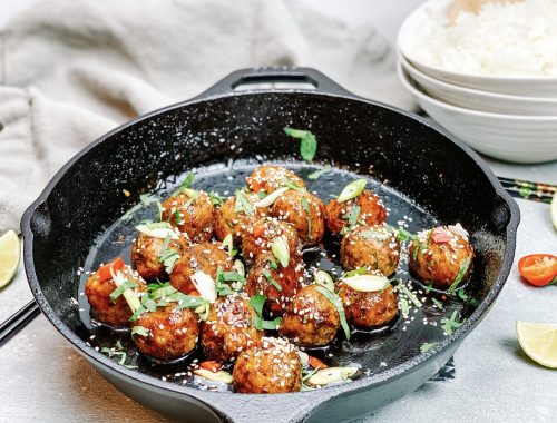 Photograph of Crab and Chicken Meatballs with a Honey, Soy and Garlic Sauce with Chilli and Lime