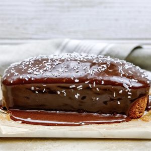 Photograph of Coconut Loaf Cake with Salted Milk Chocolate Ganache