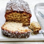 Photograph of Coconut Loaf Cake with Salted Milk Chocolate Ganache