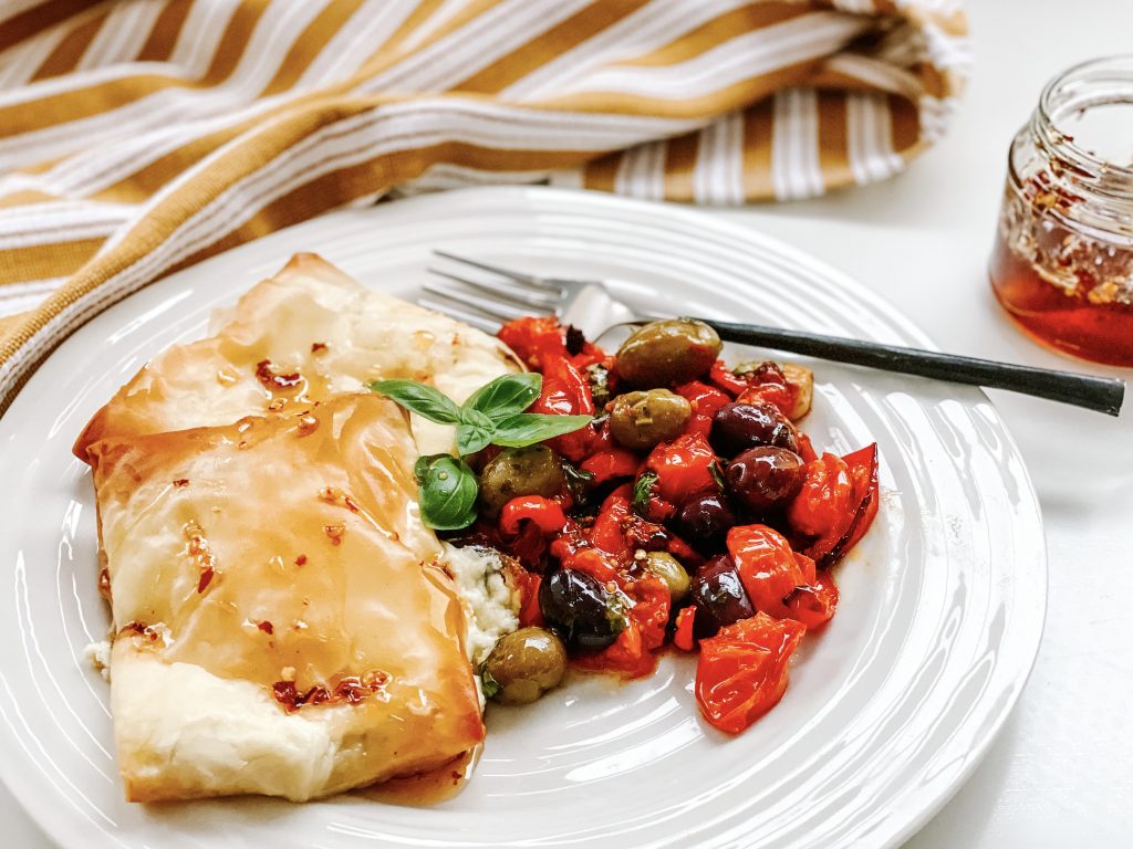 Photograph of Burrata cooked in Filo Pastry with Roast Vegetables and Hot Chilli Honey