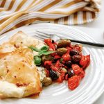 Photograph of Burrata cooked in Filo Pastry with Roast Vegetables and Hot Chilli Honey