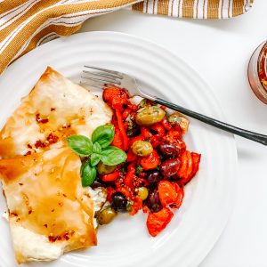 Photograph of Burrata cooked in Filo Pastry with Roast Vegetables and Hot Chilli Honey