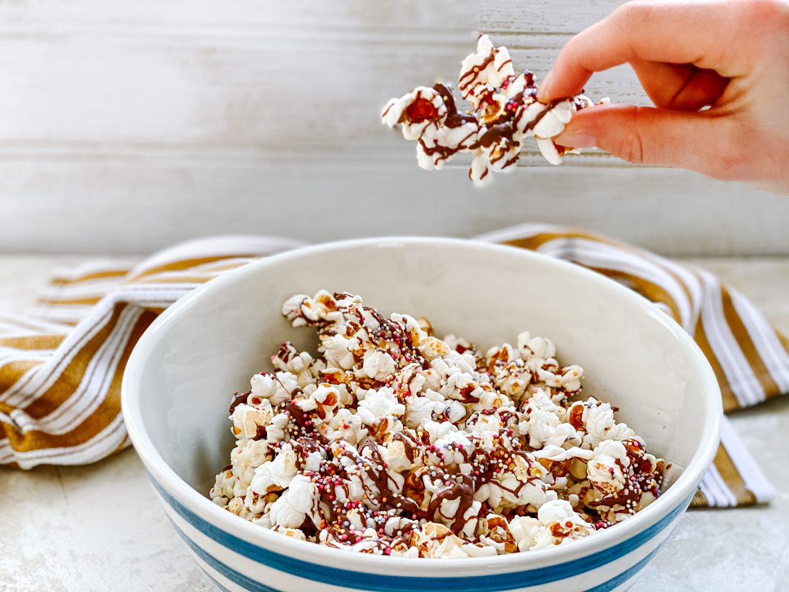 Photograph of White and Milk Chocolate Salty Popcorn with Multi-coloured Sprinkles