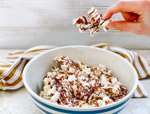 Photograph of White and Milk Chocolate Salty Popcorn with Multi-coloured Sprinkles