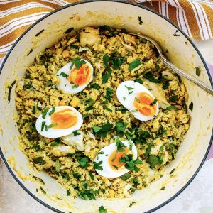 Photograph of Brown Rice Kedgeree with Smoked Haddock, Salmon and Coriander