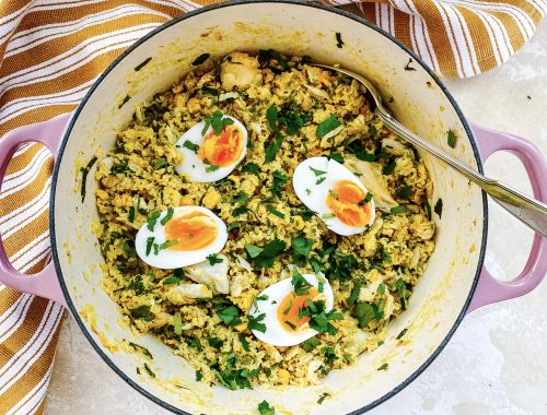 Photograph of Brown Rice Kedgeree with Smoked Haddock, Salmon and Coriander