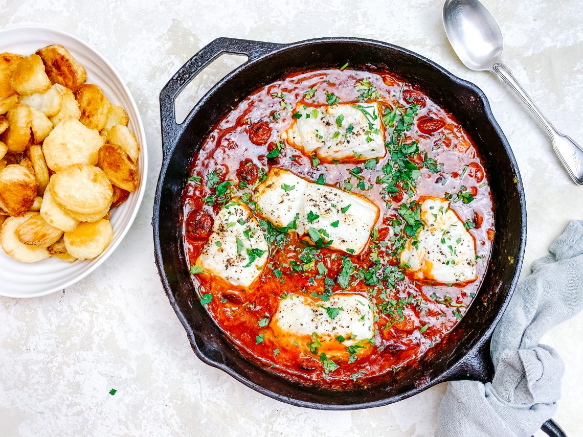 Photograph of Mediterranean Cod with Tomatoes and Peppers, Chilli and Crispy Chorizo