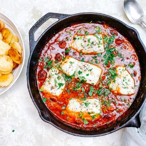 Photograph of Mediterranean Cod with Tomatoes and Peppers, Chilli and Crispy Chorizo