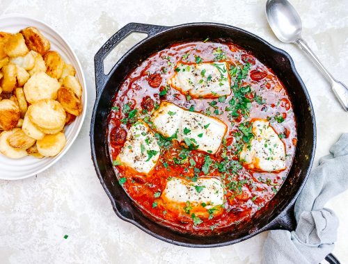 Photograph of Mediterranean Cod with Tomatoes and Peppers, Chilli and Crispy Chorizo