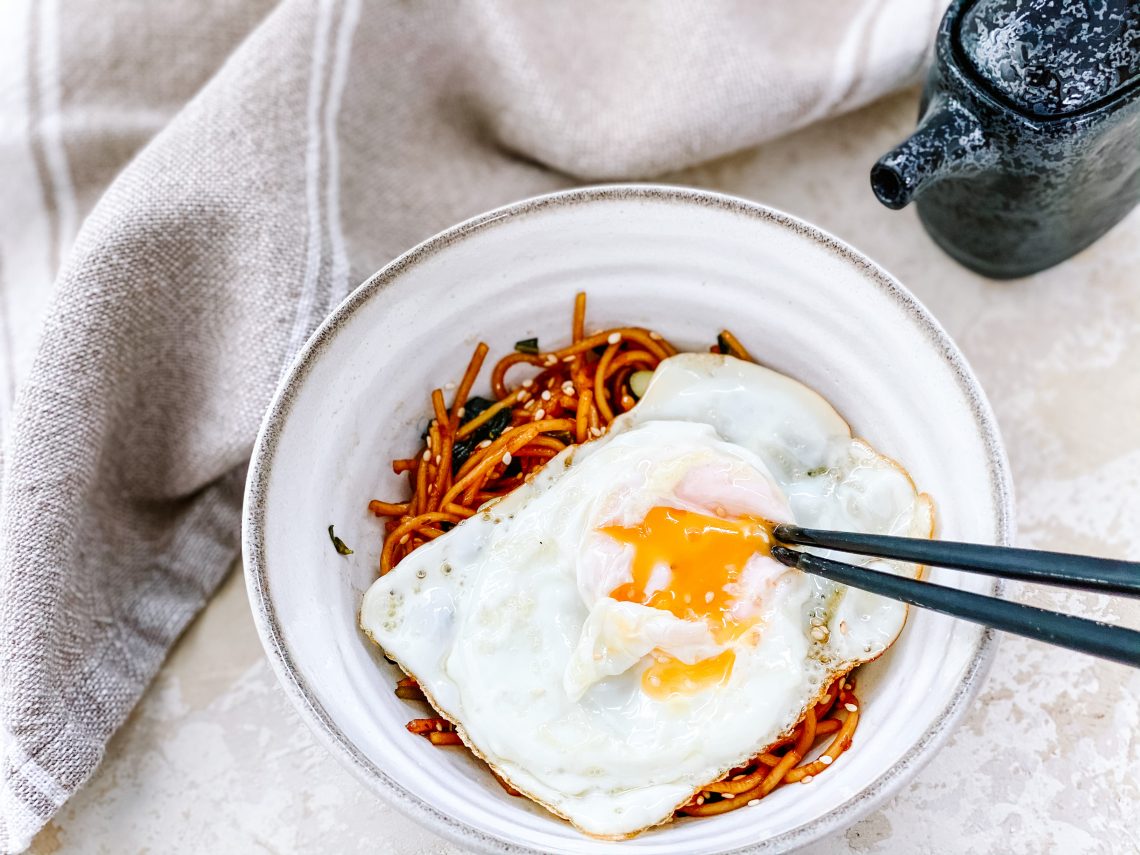 Photograph of Quick Indonesian Sesame Ginger Noodles with Fried Egg