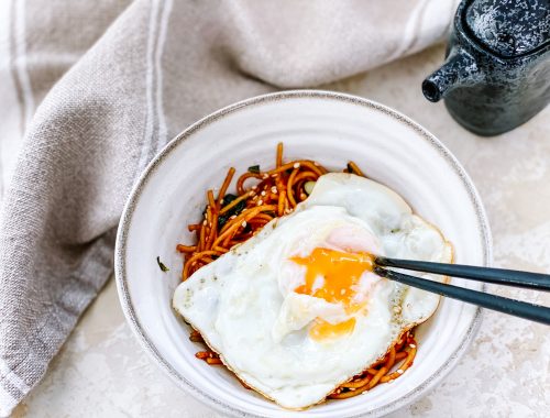 Photograph of Quick Indonesian Sesame Ginger Noodles with Fried Egg