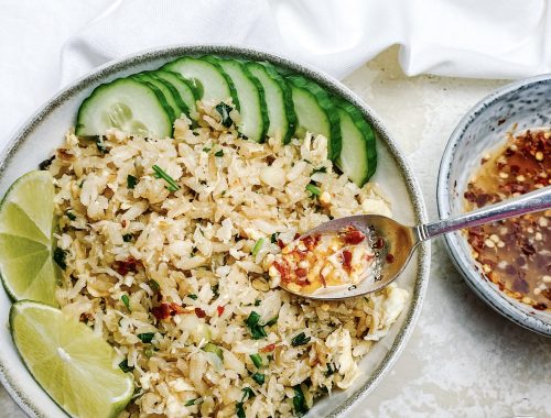 Photograph of Thai Egg Fried Rice with Crab and Chilli Sauce