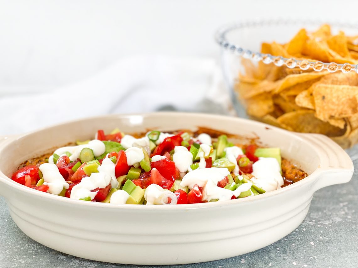 Photograph of Baked Spicy 4 Cheese Dip with Tomatoes, Avocados and Soured Cream