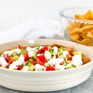 Photograph of Baked Spicy 4 Cheese Dip with Tomatoes, Avocados and Soured Cream