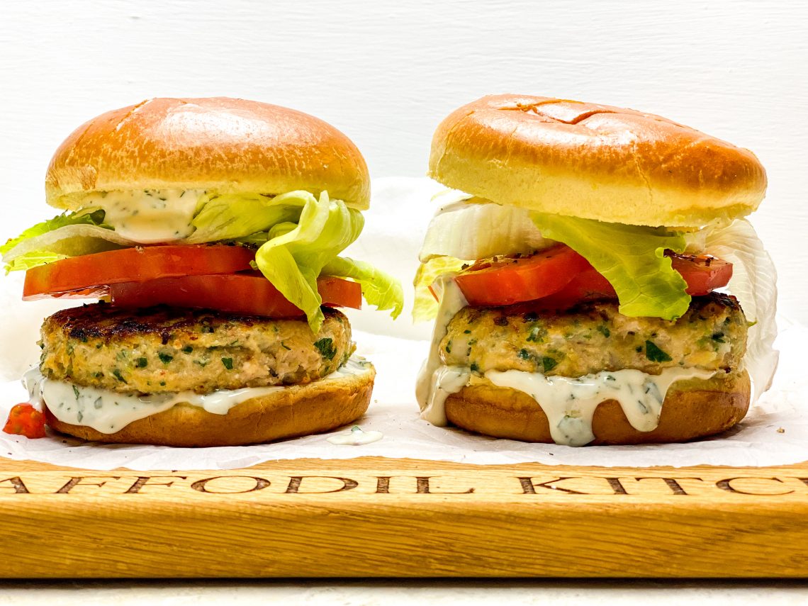 Photograph of Luxury Crab and Prawn Burgers on Brioche Buns with Parsley and Chilli Mayonnaise