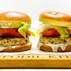 Photograph of Luxury Crab and Prawn Burgers on Brioche Buns with Parsley and Chilli Mayonnaise