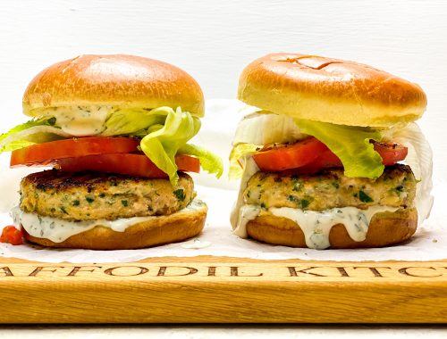 Photograph of Luxury Crab and Prawn Burgers on Brioche Buns with Parsley and Chilli Mayonnaise