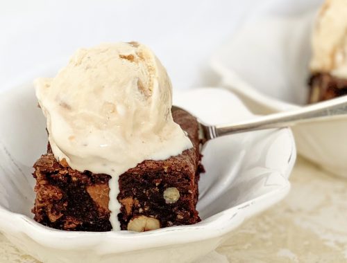 Photograph of Roast Hazelnut and Dark Chocolate Brownies with Milk Chocolate Chunks (Gluten-free)