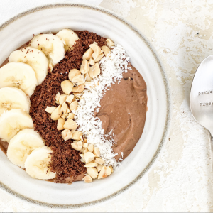 Photograph of Chocolate, Banana, Peanut Smoothie Bowl with Peanut Butter and Date