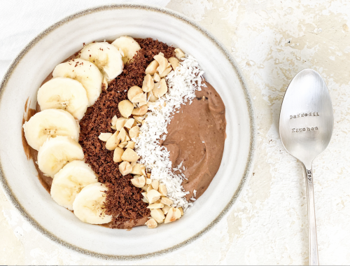 Photograph of Chocolate, Banana, Peanut Smoothie Bowl with Peanut Butter and Date