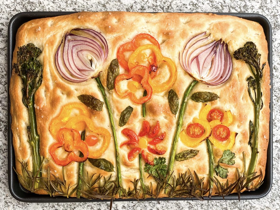 Photograph of Focaccia Bread with Vegetable and Herb Flowers