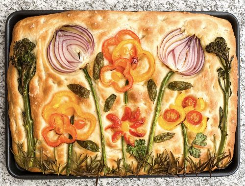 Photograph of Focaccia Bread with Vegetable and Herb Flowers