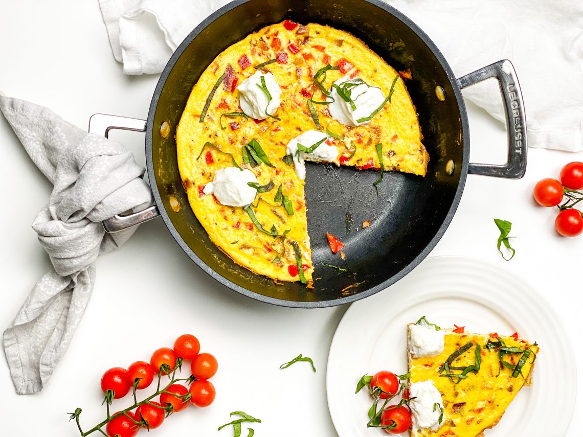 Photograph of Red Pepper and Red Onion Frittata with Ricotta and Pecorino Romano