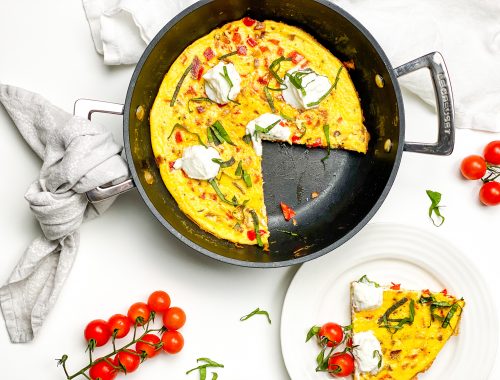 Photograph of Red Pepper and Red Onion Frittata with Ricotta and Pecorino Romano