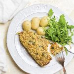 Photograph of Haddock with Semi-dried Tomato Pesto and a Crispy Lemon and Basil Breadcrumb Topping.