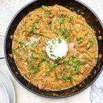 Photograph of Cheesy One-Pot Beef and Sausage Pasta with Red Pepper, Mushrooms and Burrata