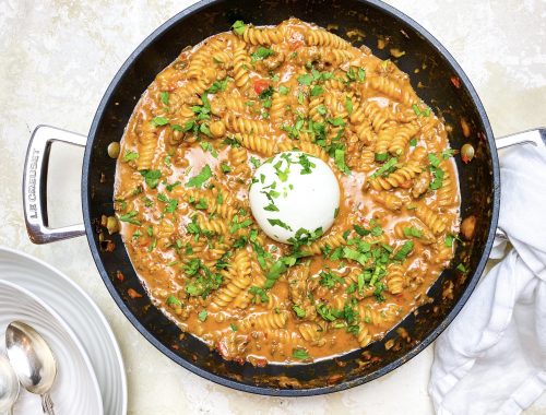 Photograph of Cheesy One-Pot Beef and Sausage Pasta with Red Pepper, Mushrooms and Burrata