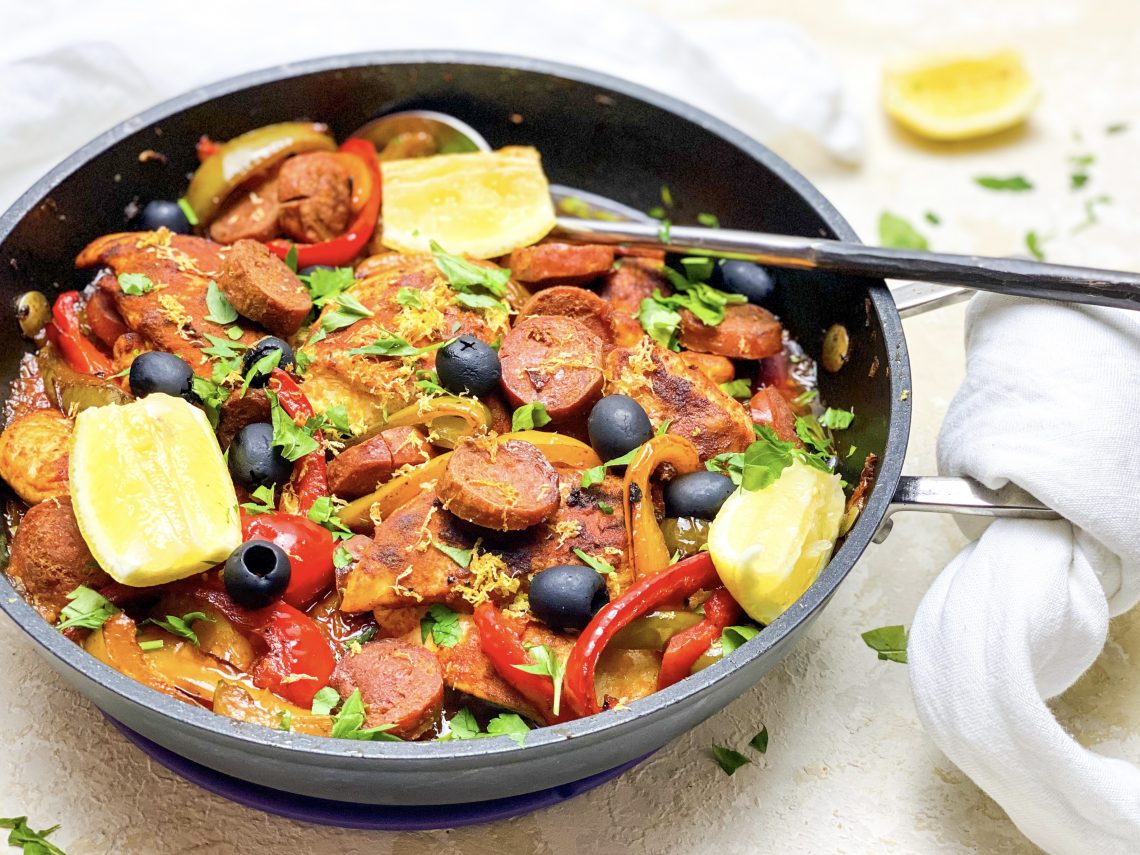 Photograph of Basque Style Chicken with Chorizo and Olives